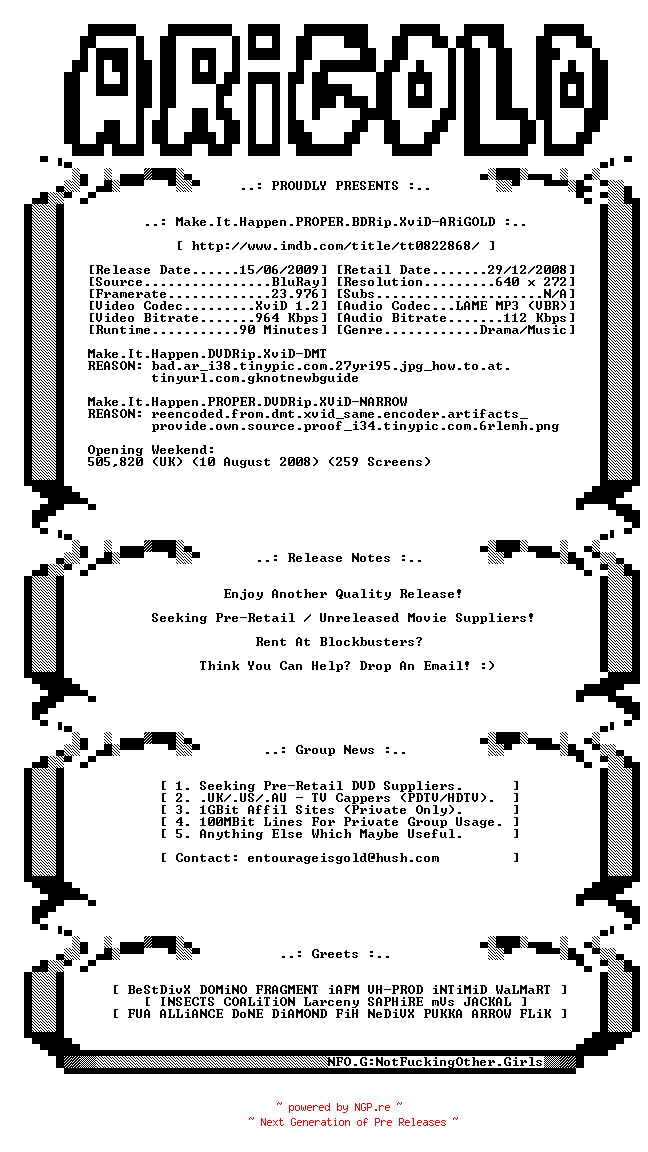 NFO for the release Make.It.Happen.PROPER.BDRip.XviD-ARiGOLD by ARiGOLD