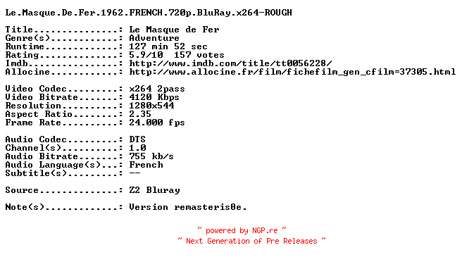 NFO for the release Le.Masque.De.Fer.1962.FRENCH.720p.BluRay.x264-ROUGH by ROUGH