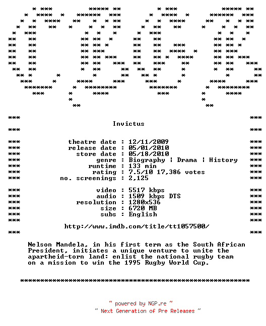 NFO for the release Invictus.720p.Bluray.x264-CBGB by CBGB