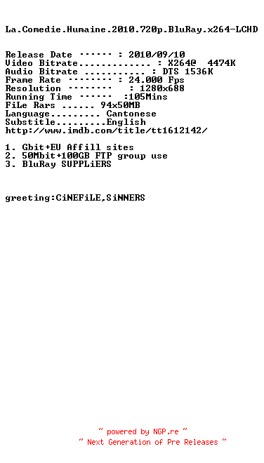 NFO for the release La.Comedie.Humaine.2010.720p.BluRay.x264-LCHD by LCHD