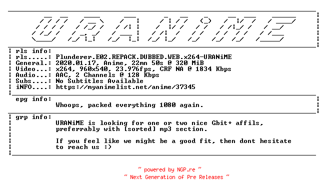 NFO for the release Plunderer.E02.REPACK.DUBBED.WEB.x264-URANiME by URANiME