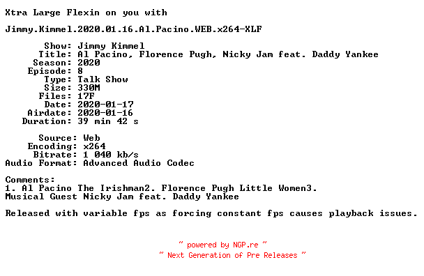 NFO for the release Jimmy.Kimmel.2020.01.16.Al.Pacino.WEB.x264-XLF by XLF