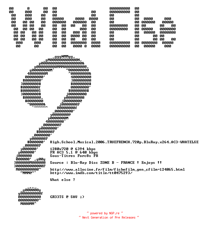 NFO for the release High.School.Musical.2006.TRUEFRENCH.720p.BluRay.x264.AC3-WHATELSE by WHATELSE