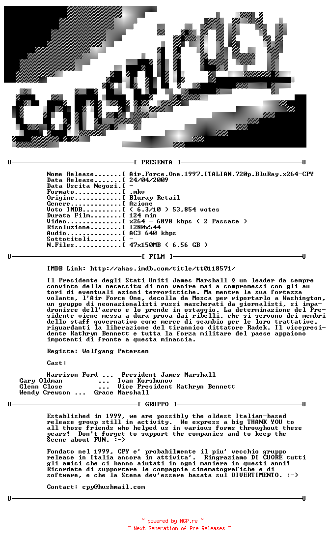 NFO for the release Air.Force.One.1997.ITALIAN.720p.BluRay.x264-CPY by CPY