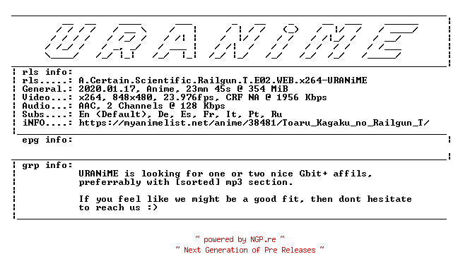 NFO for the release A.Certain.Scientific.Railgun.T.E02.WEB.x264-URANiME by URANiME