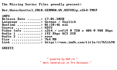 NFO for the release Der.Wunschzettel.2018.GERMAN.WS.HDTVRip.x264-TMSF by TMSF