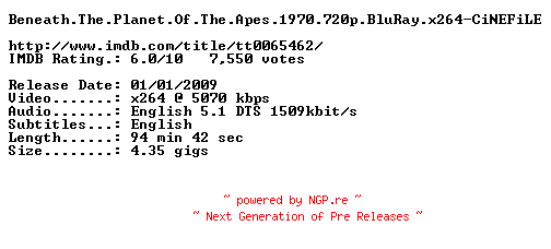 NFO for the release Beneath.The.Planet.Of.The.Apes.1970.720p.BluRay.x264-CiNEFiLE by CiNEFiLE