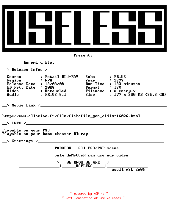 NFO for the release Ennemi.D.Etat.1999.MULTi.BLURAY-USELESS by USELESS