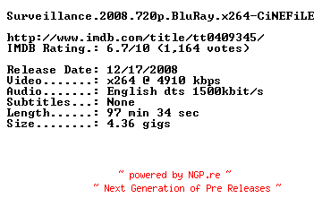 NFO for the release Surveillance.2008.720p.BluRay.x264-CiNEFiLE by CiNEFiLE