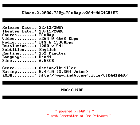 NFO for the release Dhoom.2.2006.720p.BluRay.x264-MAGiCViBE by MAGiCViBE