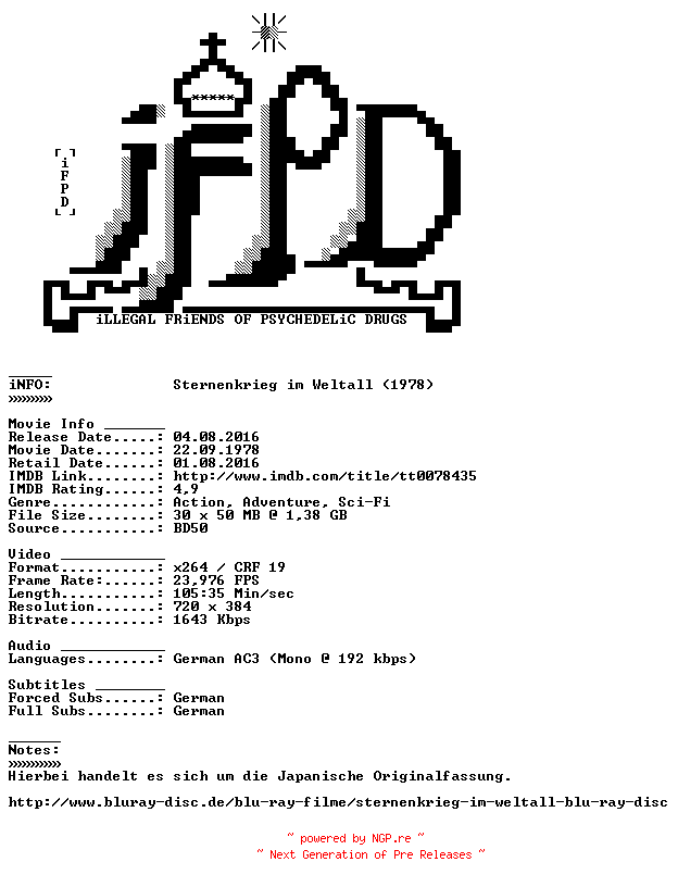 NFO for the release Sternenkrieg.im.Weltall.Langfassung.German.1978.AC3.BDRiP.x264-iFPD by iFPD
