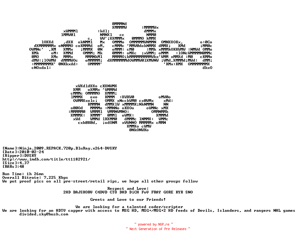 NFO for the release Ninja.2009.REPACK.720p.BluRay.x264-DVSKY by DVSKY
