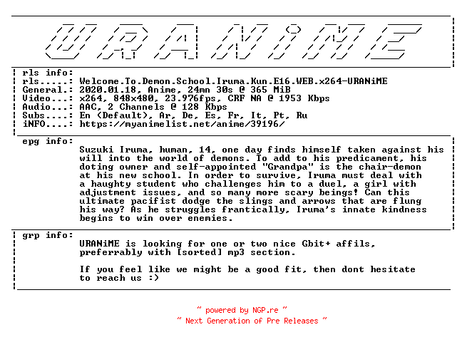 NFO for the release Welcome.To.Demon.School.Iruma.Kun.E16.WEB.x264-URANiME by URANiME