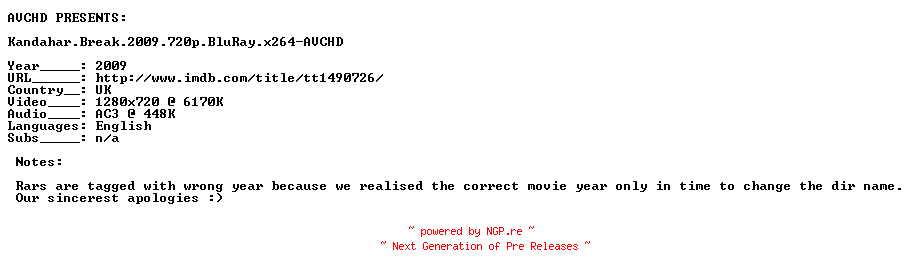 NFO for the release Kandahar.Break.2009.720p.BluRay.x264-AVCHD by AVCHD