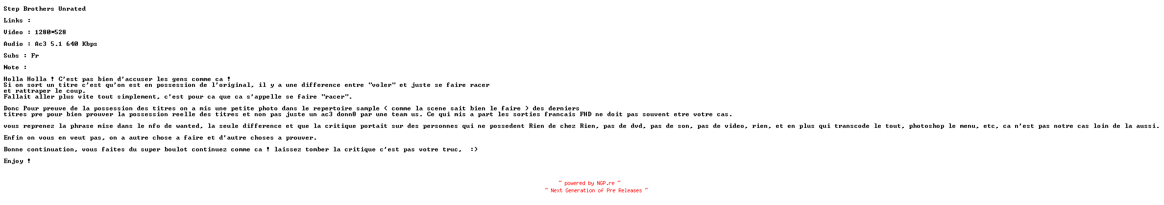 NFO for the release Step.Brothers.UNRATED.READ.NFO.FRENCH.720p.BluRay.x264-ForceBleue by ForceBleue