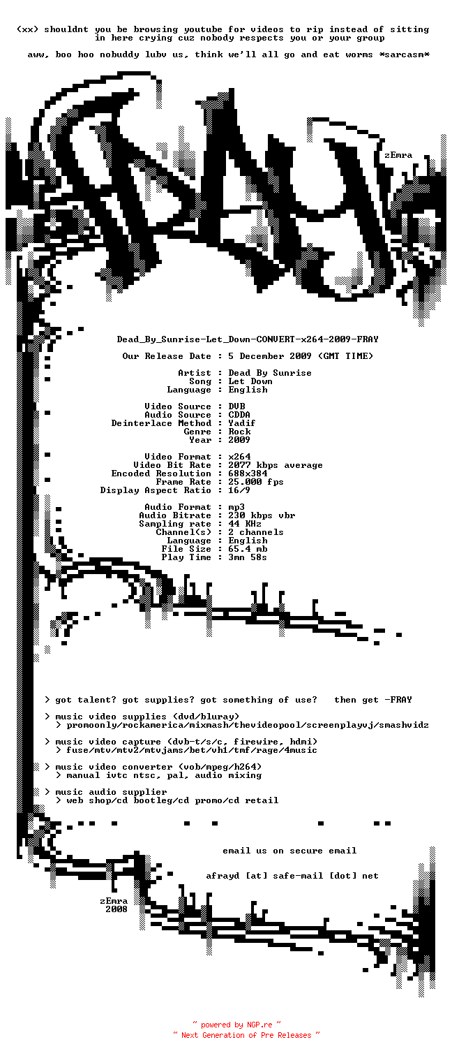 NFO for the release Dead_By_Sunrise-Let_Down-CONVERT-x264-2009-FRAY by FRAY