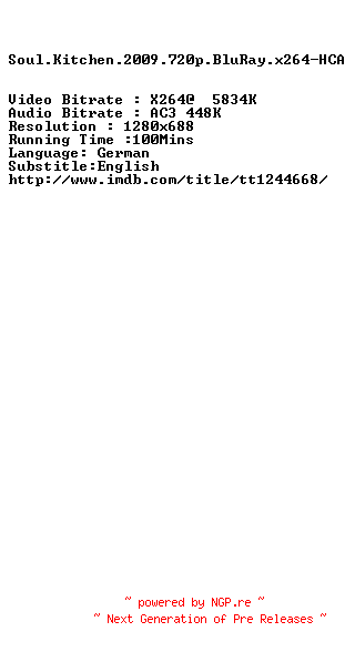 NFO for the release Soul.Kitchen.2009.720p.BluRay.x264-HCA by HCA