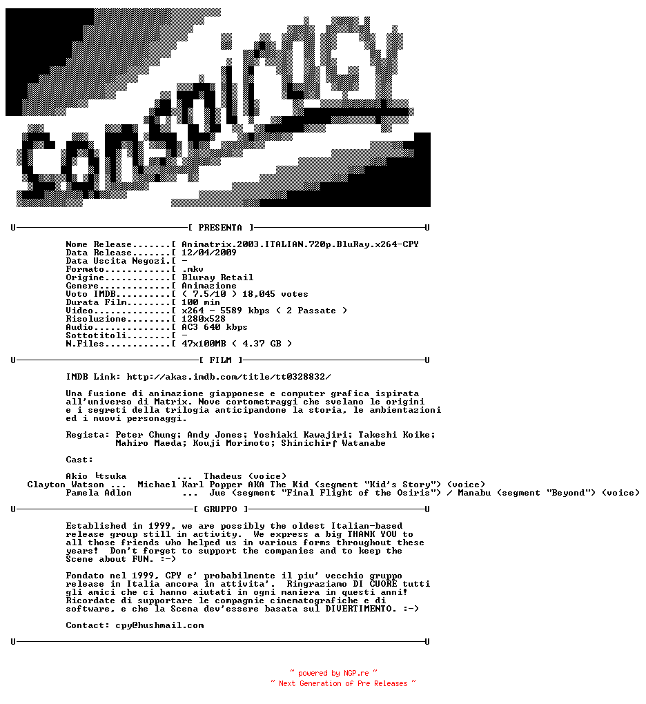 NFO for the release Animatrix.2003.ITALIAN.720p.BluRay.x264-CPY by CPY