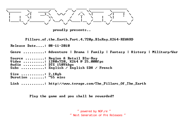 NFO for the release Pillars.of.the.Earth.Part.4.720p.BluRay.X264-REWARD by REWARD