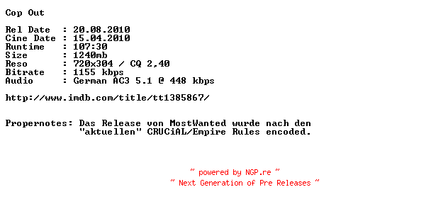 NFO for the release Cop.Out.German.AC3.PROPER.BDRip.XviD-PROPERGANDA by PROPERGANDA