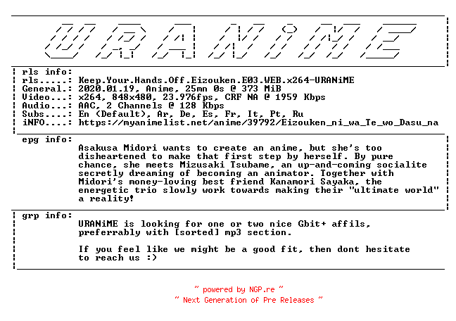 NFO for the release Keep.Your.Hands.Off.Eizouken.E03.WEB.x264-URANiME by URANiME