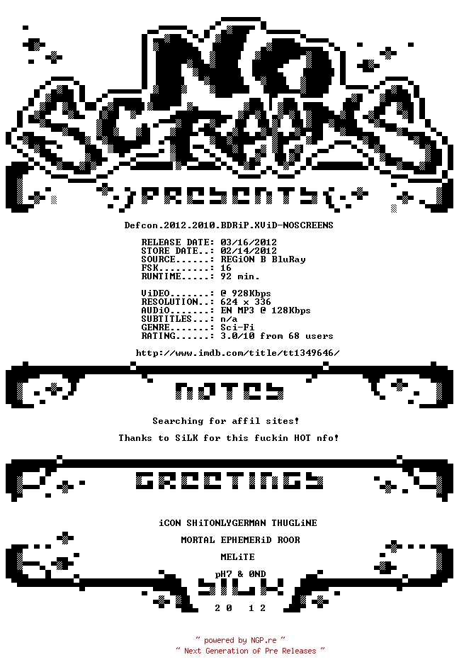 NFO for the release Defcon.2012.2010.BDRiP.XViD-NOSCREENS by NOSCREENS