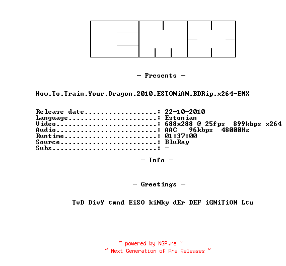 NFO for the release How.To.Train.Your.Dragon.2010.ESTONiAN.BDRip.x264-EMX by EMX