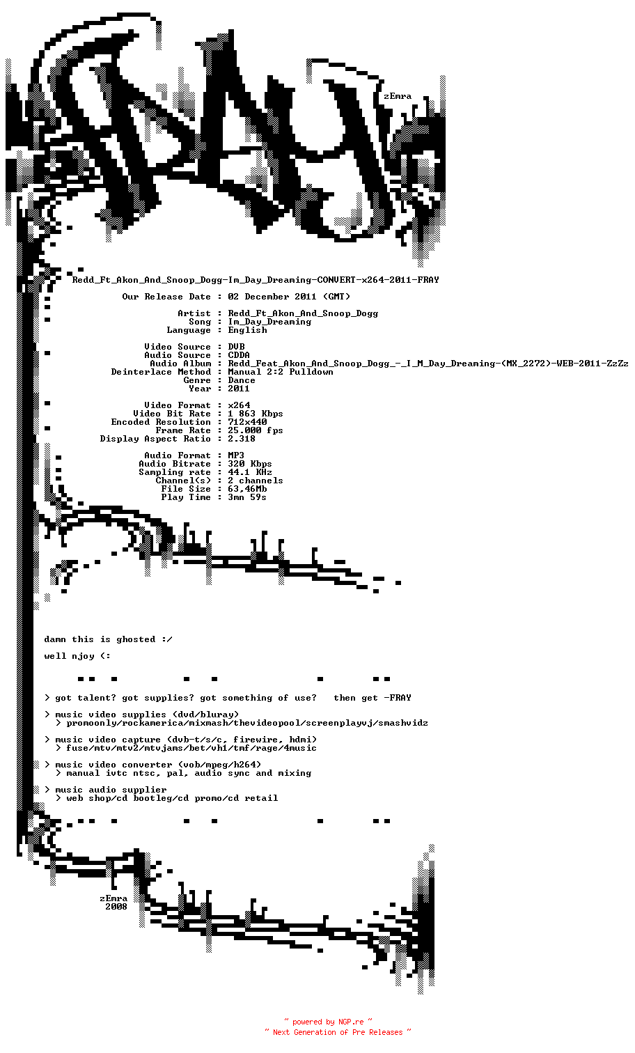 NFO for the release Redd_Ft_Akon_And_Snoop_Dogg-Im_Day_Dreaming-CONVERT-x264-2011-FRAY by FRAY