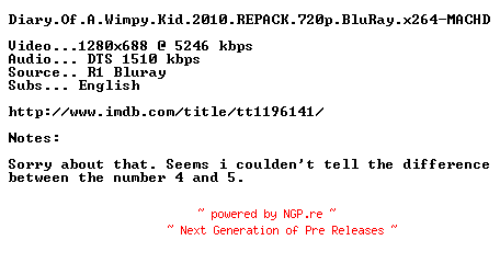 NFO for the release Diary.Of.A.Wimpy.Kid.2010.REPACK.720p.BluRay.x264-MACHD by MACHD