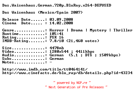 NFO for the release Das.Waisenhaus.German.720p.BluRay.x264-DEFUSED by DEFUSED