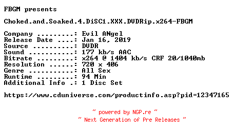 NFO for the release Choked.and.Soaked.4.DiSC1.XXX.DVDRip.x264-FBGM by FBGM