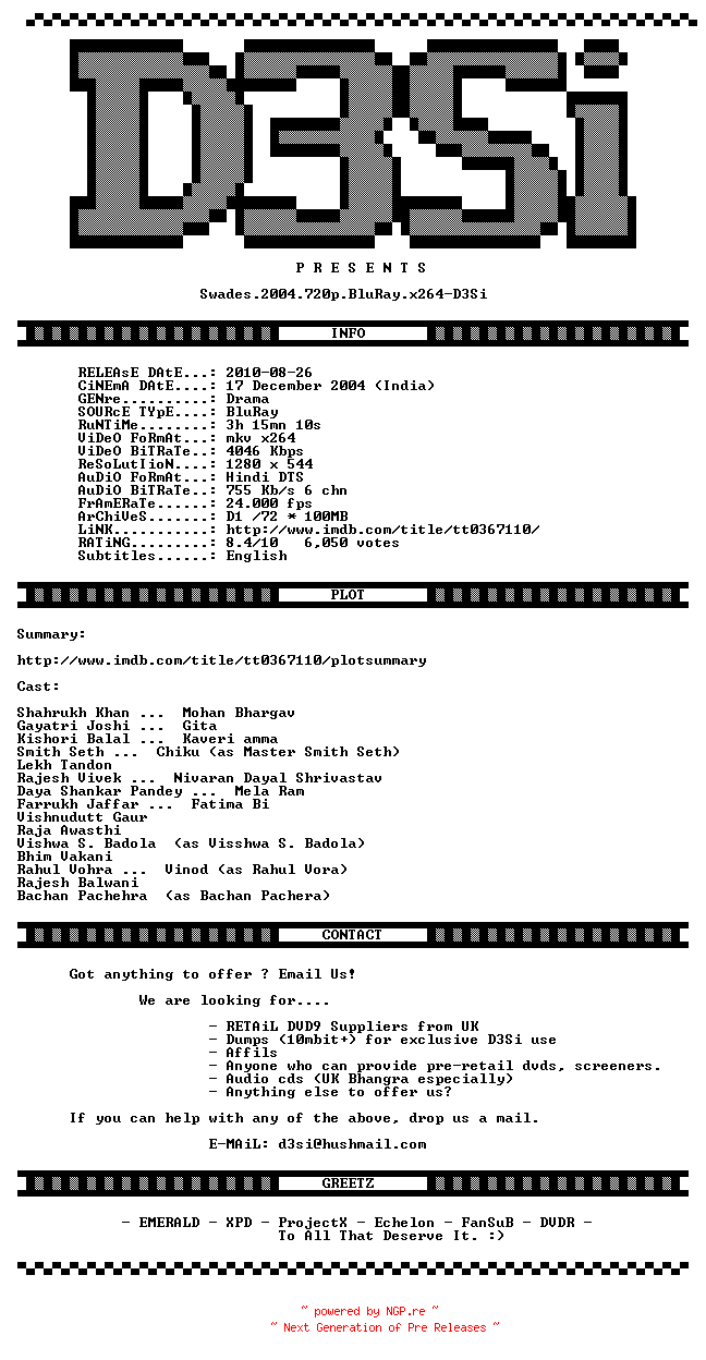 NFO for the release Swades.2004.720p.BluRay.x264-D3Si by D3Si