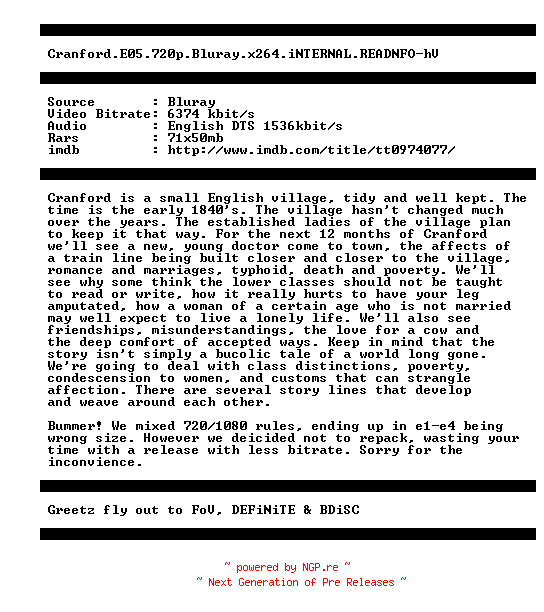 NFO for the release Cranford.E05.720p.Bluray.x264.iNTERNAL.READNFO-hV by hV