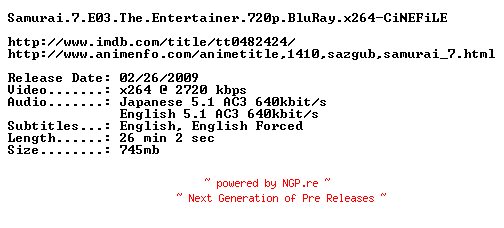 NFO for the release Samurai.7.E03.The.Entertainer.720p.BluRay.x264-CiNEFiLE by CiNEFiLE