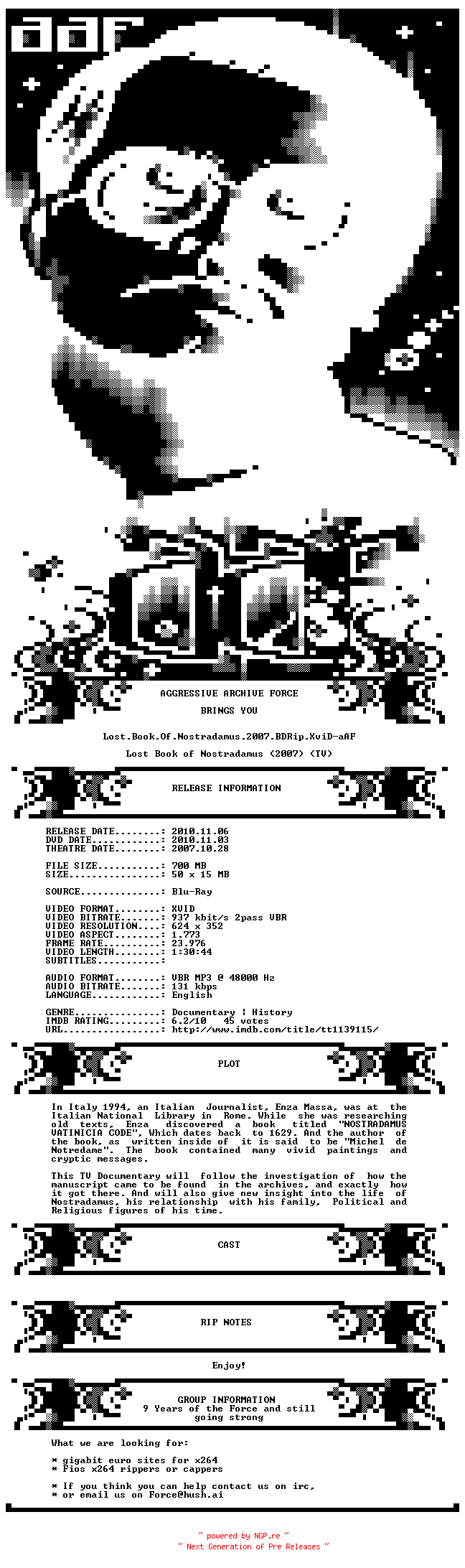 NFO for the release Lost.Book.Of.Nostradamus.2007.BDRip.XviD-aAF by aAF