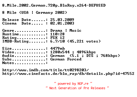 NFO for the release 8.Mile.2002.German.720p.BluRay.x264-DEFUSED by DEFUSED