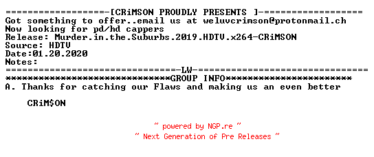 NFO for the release Murder.in.the.Suburbs.2019.HDTV.x264-CRiMSON by CRiMSON
