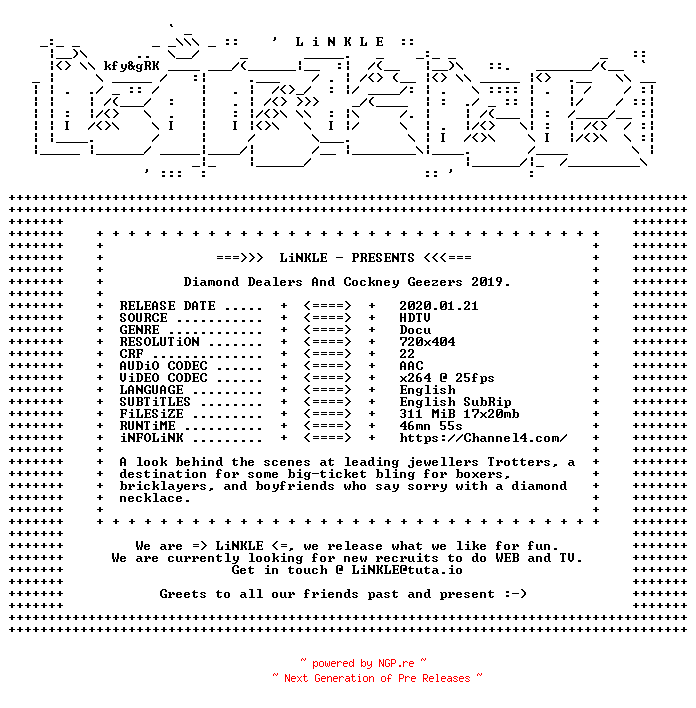 NFO for the release Diamond.Dealers.And.Cockney.Geezers.2019.HDTV.x264-LiNKLE by LiNKLE