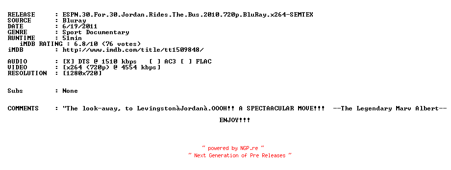 NFO for the release ESPN.30.For.30.Jordan.Rides.The.Bus.2010.720p.BluRay.x264-SEMTEX by SEMTEX