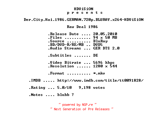 NFO for the release Der.City.Hai.1986.GERMAN.720p.BLURAY.x264-HDViSiON by HDViSiON
