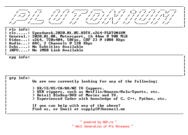 NFO for the release Speedweek.2020.01.05.HDTV.x264-PLUTONiUM by PLUTONiUM