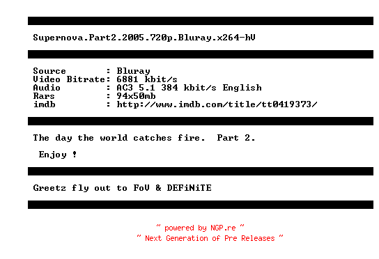 NFO for the release Supernova.Part2.2005.720p.Bluray.x264-hV by hV