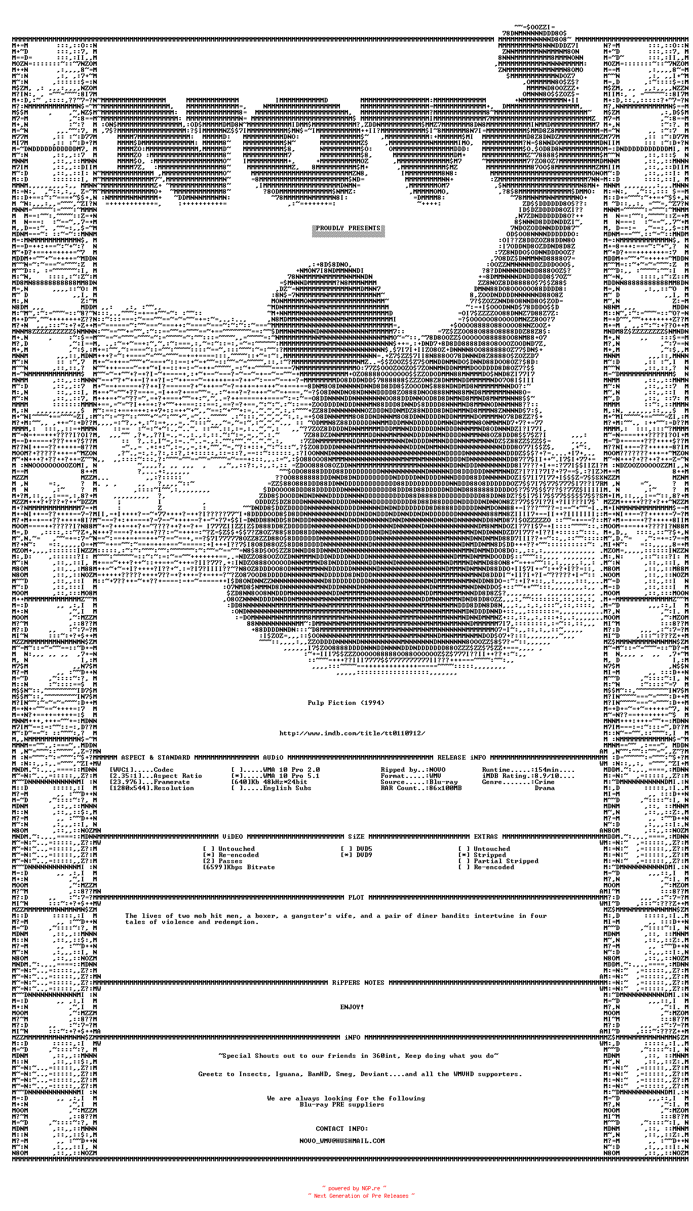 NFO for the release Pulp.Fiction.1994.Bluray.VC1.720P.5.1.WMV-NOVO by NOVO