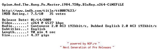 NFO for the release Opium.And.The.Kung.Fu.Master.1984.720p.BluRay.x264-CiNEFiLE by CiNEFiLE
