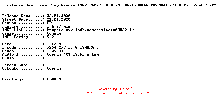 NFO for the release Piratensender.Power.Play.German.1982.REMASTERED.iNTERNATiONALE.FASSUNG.AC3.BDRiP.x264-SPiCY by SPiCY