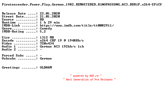 NFO for the release Piratensender.Power.Play.German.1982.REMASTERED.KiNOFASSUNG.AC3.BDRiP.x264-SPiCY by SPiCY