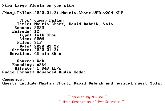 NFO for the release Jimmy.Fallon.2020.01.21.Martin.Short.WEB.x264-XLF by XLF