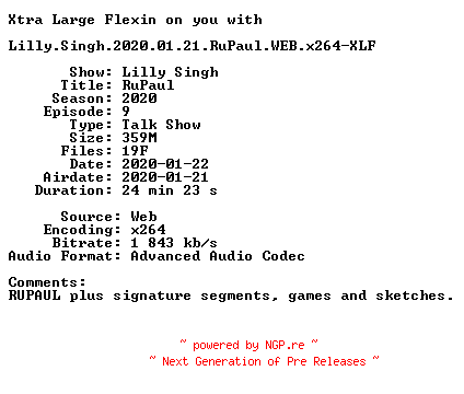NFO for the release Lilly.Singh.2020.01.21.RuPaul.WEB.x264-XLF by XLF