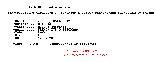 NFO for the release Pirates.Of.The.Caribbean.3.At.Worlds.End.2007.FRENCH.720p.BluRay.x264-AiRLiNE by AiRLiNE