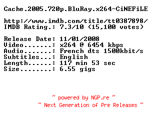 NFO for the release Cache.2005.720p.BluRay.x264-CiNEFiLE by CiNEFiLE